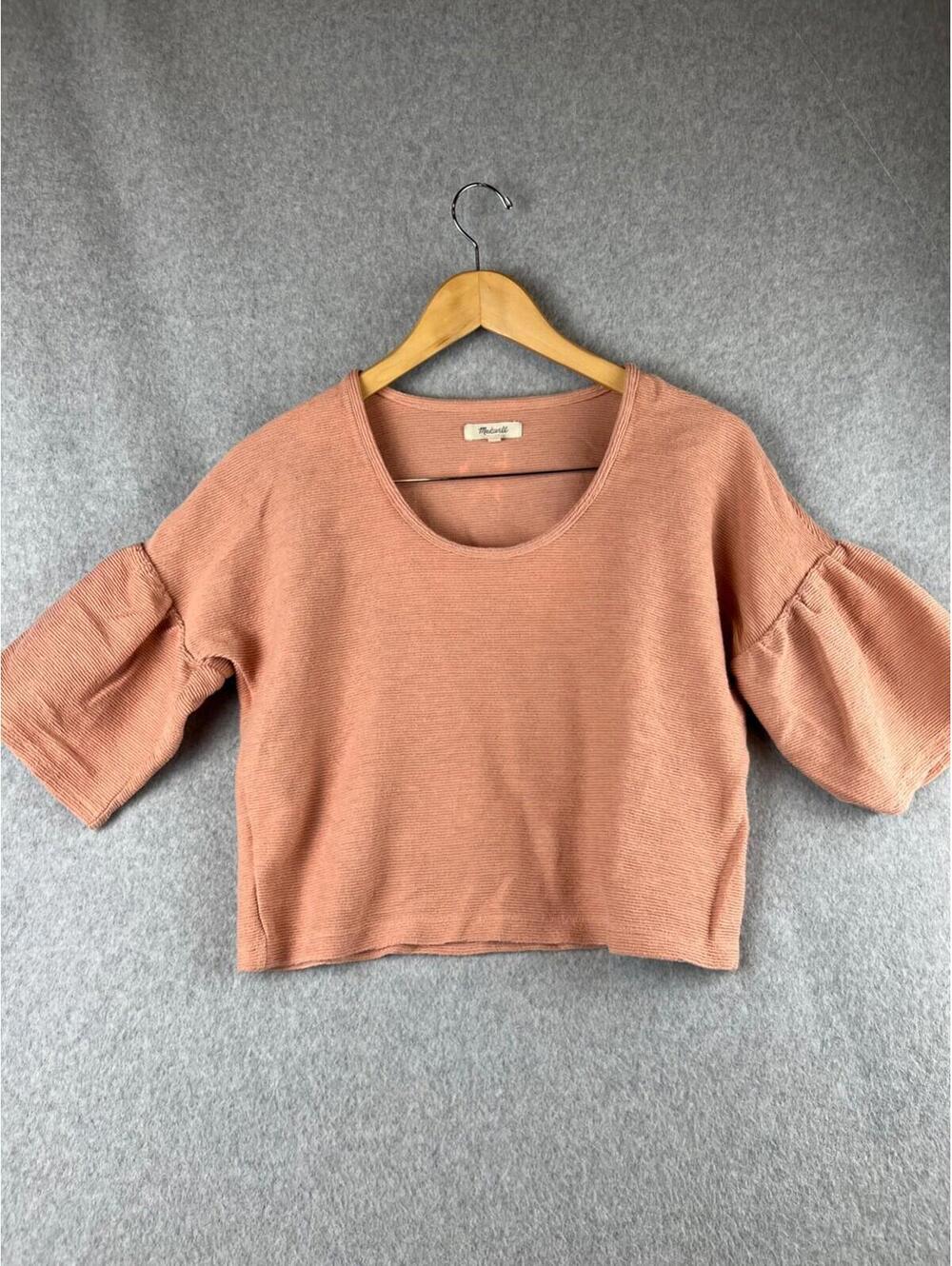 Madewell Crop Knitted Blouse Top Puff Sleeve Womens XS Pink Boho Casual